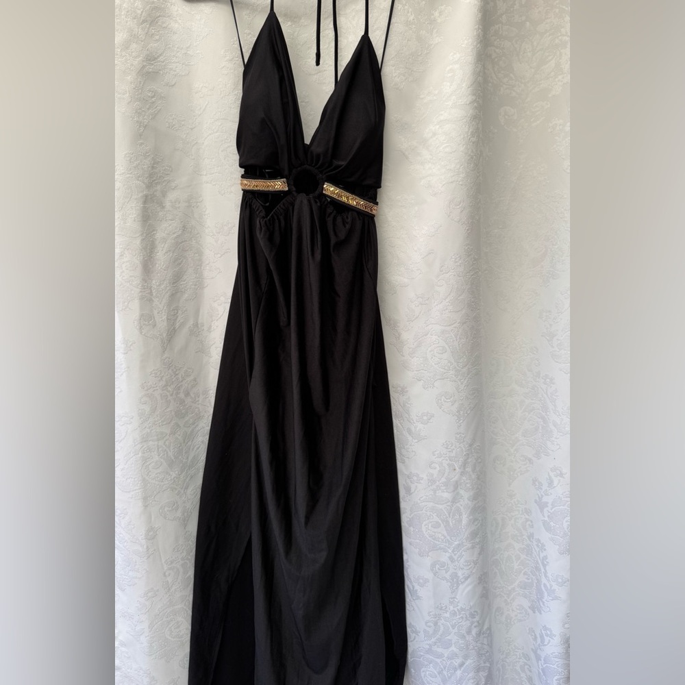 embellished long black dress with slit